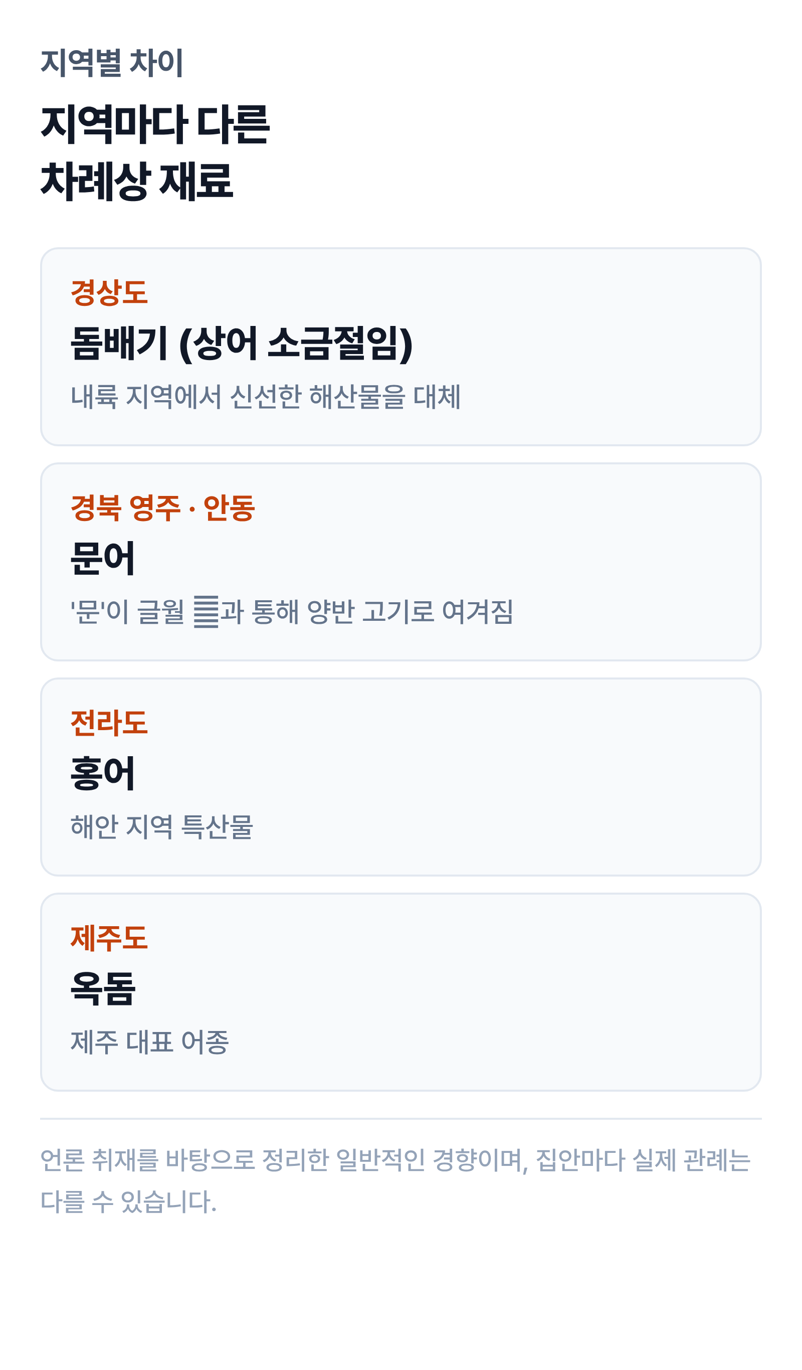 지역별 차례상 특징 음식 정리 카드 — 경상도 돔배기, 경북 문어, 전라도 홍어, 제주 옥돔