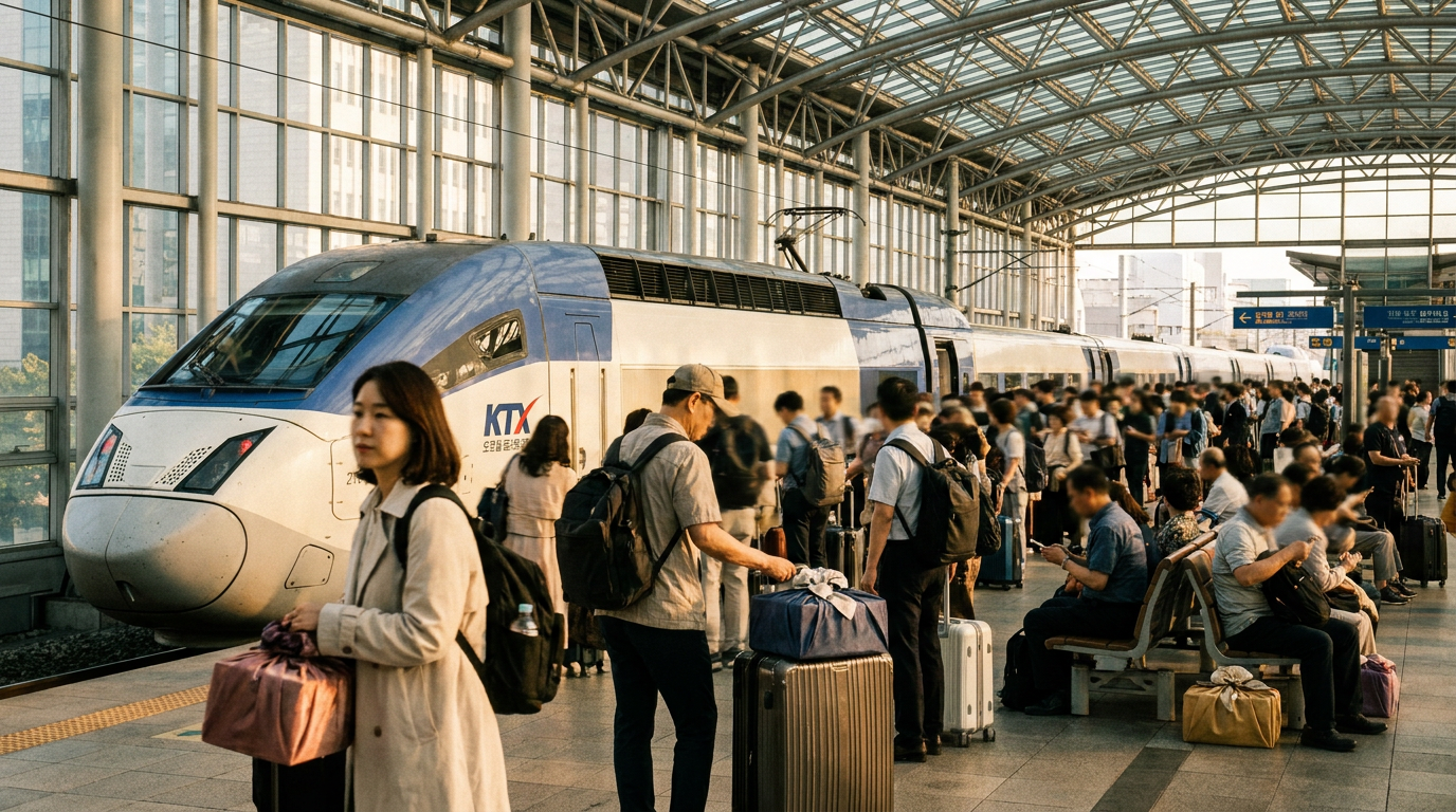 추석 귀성객으로 붐비는 서울역 KTX 승강장, 캐리어와 선물꾸러미를 든 사람들